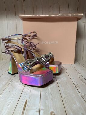 MACH & MACH Double Bow Platform Sandals Pink Iridescent Sz 39.5 / 9.5